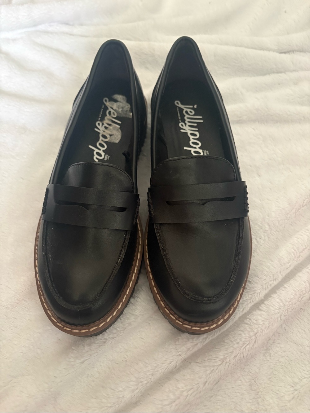 Jellypop Black Penny-Style Loafers with Brown Welt - Size 6